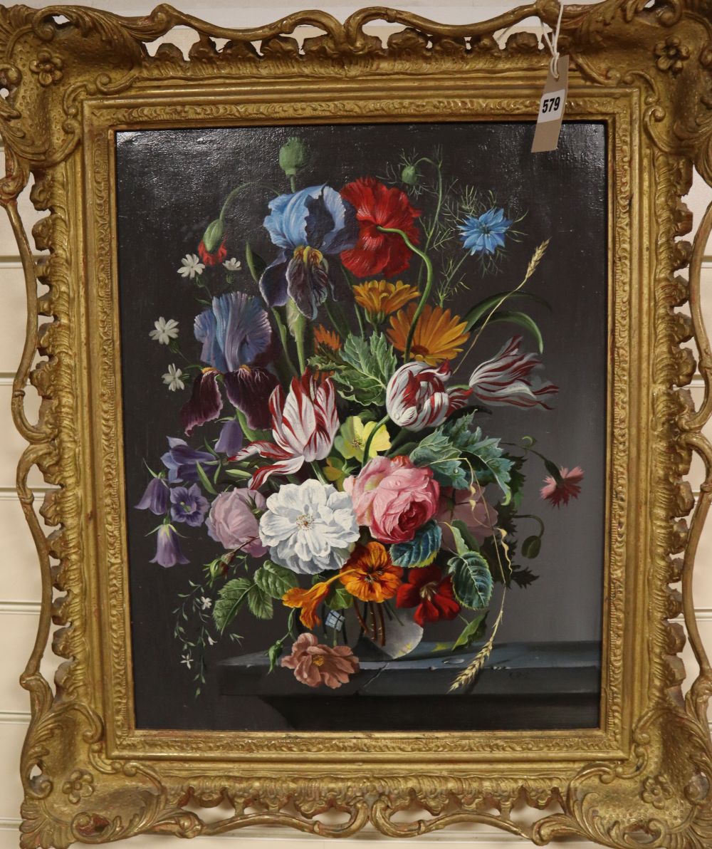 Robert Dumont-Smith (1908-199), Flower Piece, dated 1974, oil on canvas, carved giltwood frame, 50 x 40cm